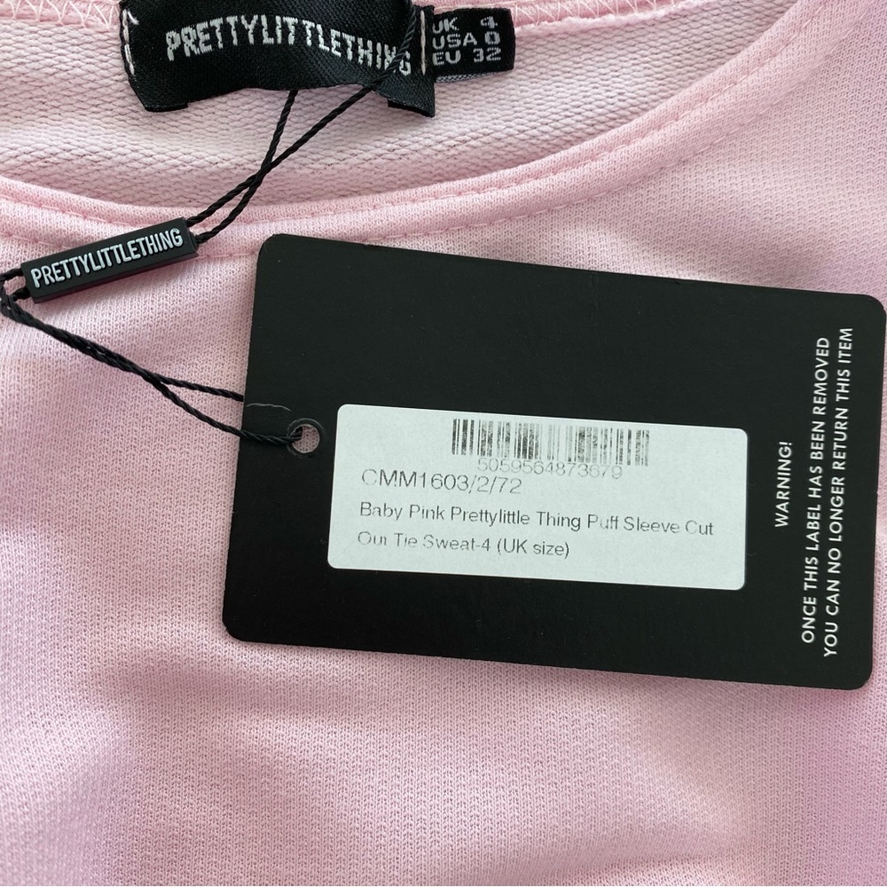 NWT PrettyLittleThing Baby Pink Puff Sleeve Cut Out Tie Sweatshirt Mini Dress 0 - Picture 6 of 12